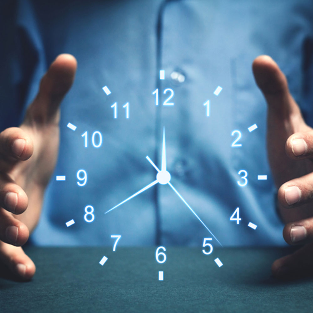 Man showing clock in the air with concept of timeliness of loan